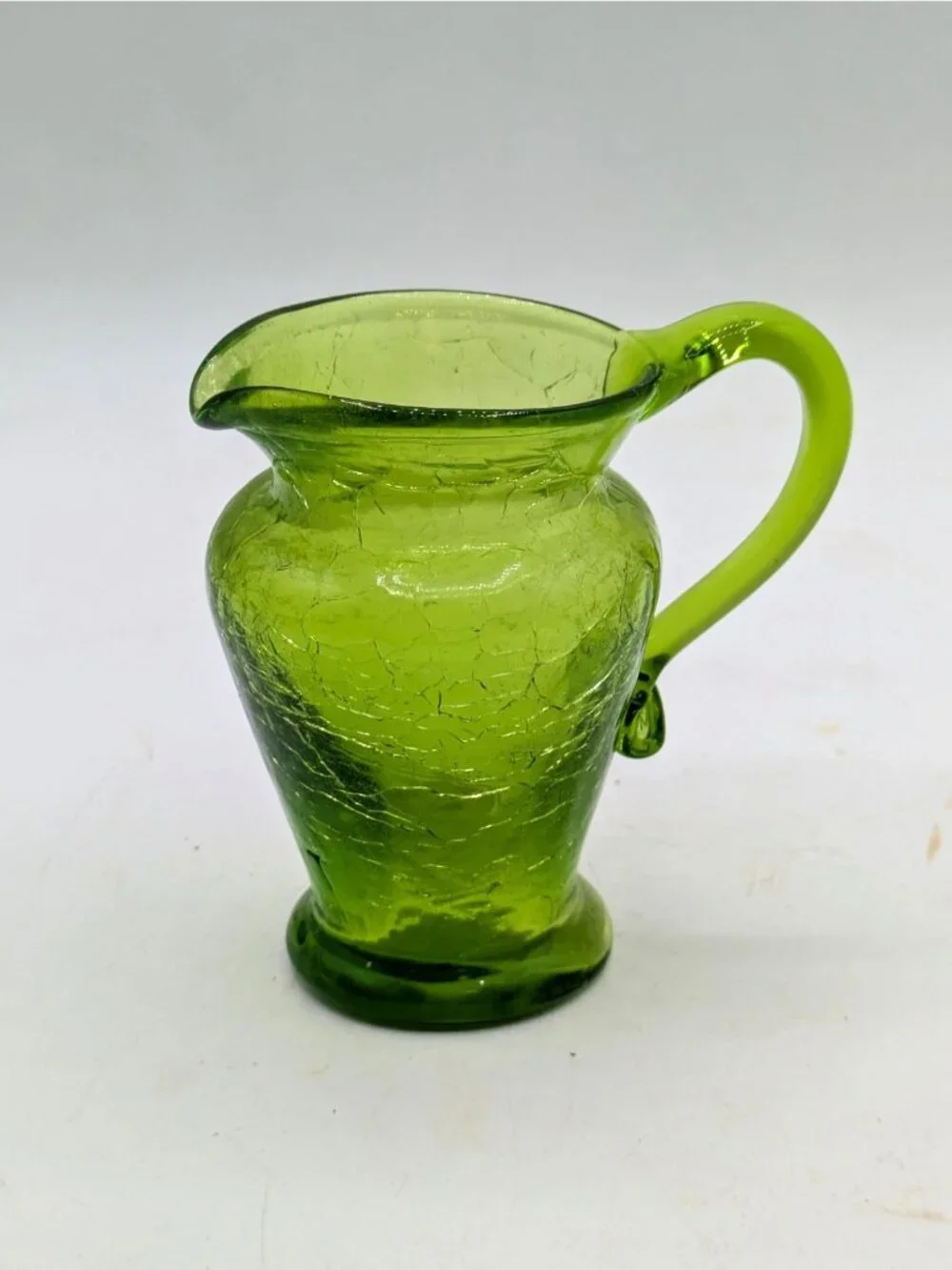 Vintage Green Crackle Glass Small Miniature Pitcher Hand Blown 3.5